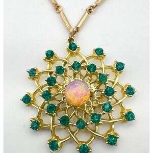Vintage Snowflake Necklace Faux Opal Green Rhinestone Starburst